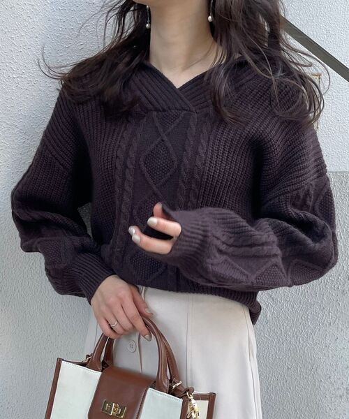 MAJESTIC LEGON（マジェスティックレゴン）の「セーラーカラーケーブルニット（ニット/セーター・レディース・ブラック/ブラウン/アイボリー・MEDIUM）」の5枚目の写真