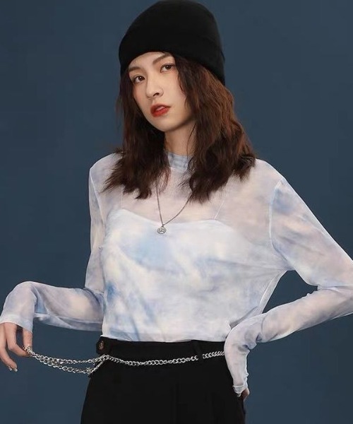 MANGROVE(マングローブ)の「ハイネックタイダイシアートップス(Tシャツ/カットソー・レディース・ライトブルー/パープル・FREE)」の3枚目の写真