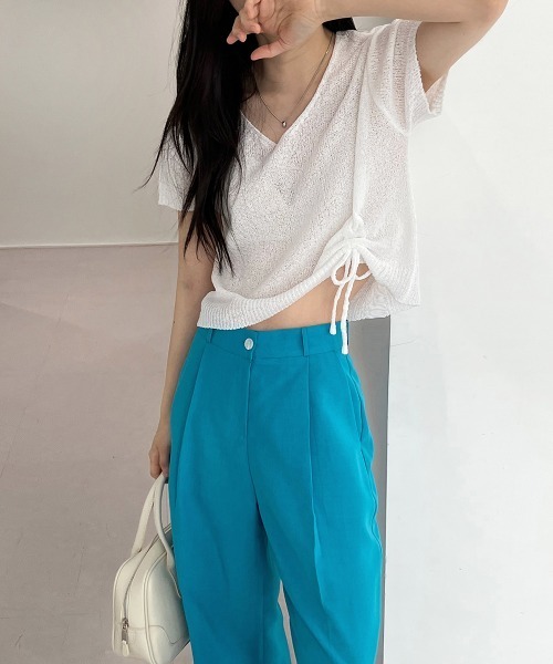 by muni:r（バイ ムニール）の「オルジナルスリットピンタックスラックス（スラックス・レディース・ブラック/ベージュ/イエロー/グリーン/ブルー/ブルー系その他/ライトピンク/スモークピンク・SMALL/MEDIUM）」の9枚目の写真