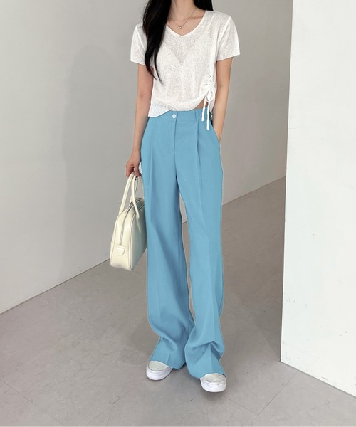 by muni:r（バイ ムニール）の「オルジナルスリットピンタックスラックス（スラックス・レディース・ブラック/ベージュ/イエロー/グリーン/ブルー/ブルー系その他/ライトピンク/スモークピンク・SMALL/MEDIUM）」の11枚目の写真