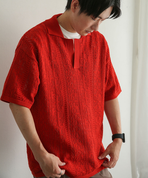 SENSE OF PLACE by URBAN RESEARCH（センスオブプレイスバイアーバンリサーチ）の「『ユニセックス』レースアミポロシャツ(5分袖)（ニット/セーター・メンズ・レッド/ブラック/アイボリー・MEDIUM/LARGE）」の3枚目の写真