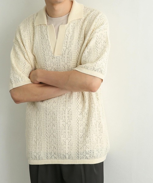 SENSE OF PLACE by URBAN RESEARCH（センスオブプレイスバイアーバンリサーチ）の「『ユニセックス』レースアミポロシャツ(5分袖)（ニット/セーター・メンズ・レッド/ブラック/アイボリー・MEDIUM/LARGE）」の4枚目の写真