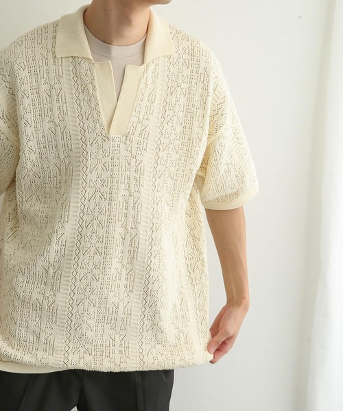 SENSE OF PLACE by URBAN RESEARCH（センスオブプレイスバイアーバンリサーチ）の「『ユニセックス』レースアミポロシャツ(5分袖)（ニット/セーター・メンズ・レッド/ブラック/アイボリー・MEDIUM/LARGE）」の6枚目の写真