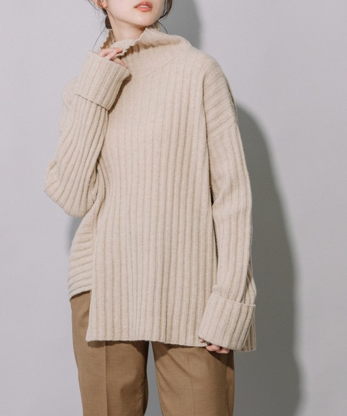 Munich（ミューニック）の「ラムウールリブニットハイネックプルオーバー（ニット/セーター・レディース・ブラック/ベージュ/パープル/エメラルド・FREE）」の3枚目の写真