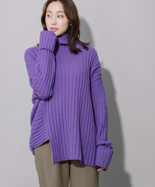 Munich（ミューニック）の「ラムウールリブニットハイネックプルオーバー（ニット/セーター・レディース・ブラック/ベージュ/パープル/エメラルド・FREE）」の4枚目の写真