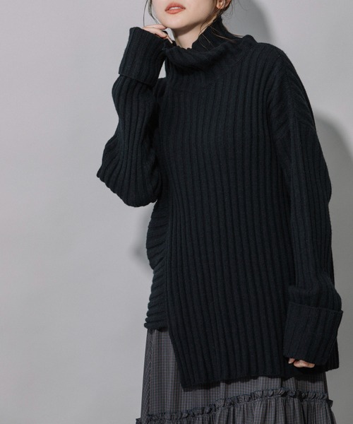 Munich（ミューニック）の「ラムウールリブニットハイネックプルオーバー（ニット/セーター・レディース・ブラック/ベージュ/パープル/エメラルド・FREE）」の2枚目の写真