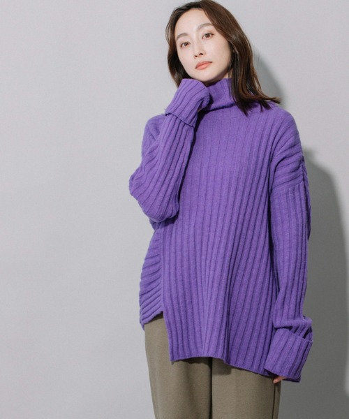 Munich（ミューニック）の「ラムウールリブニットハイネックプルオーバー（ニット/セーター・レディース・ブラック/ベージュ/パープル/エメラルド・FREE）」の8枚目の写真