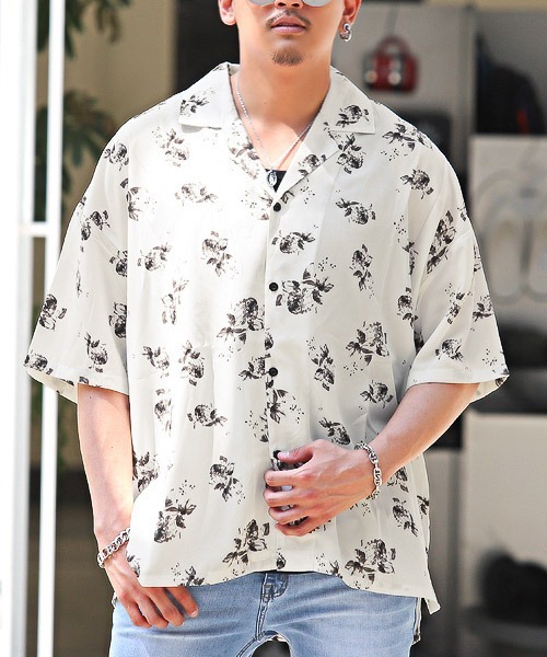 LUXSTYLE(ラグスタイル)の「花柄BIGオープンカラー半袖シャツ(シャツ/ブラウス・メンズ・ブラック/ホワイト・M/L)」の12枚目の写真