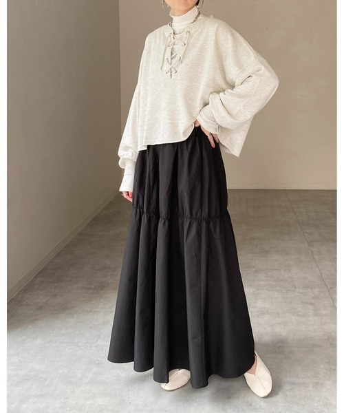 She's Closet（シーズクローゼット）の「【低身長向け/高身長向けサイズ有】ギャザーフレアボリュームロング丈tティアードスカート（スカート・レディース・ブラック/ベージュ・FREE/SHORT/TALL）」の10枚目の写真