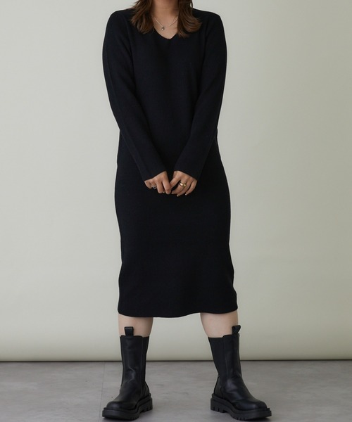 mebole(メボレ)の「Vネックリブニットワンピース(ワンピース・レディース・ブラック/ホワイト・FREE)」の16枚目の写真
