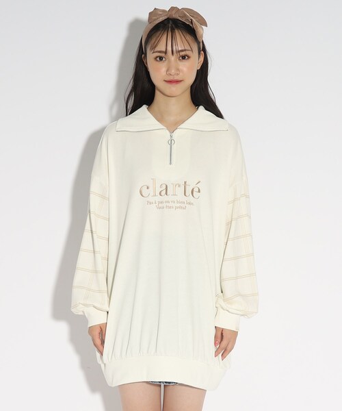 PINK-latte（ピンクラテ）の「◆ハーフジップぽわんミニワンピース（ワンピース・キッズ・ライトベージュ/ブラック/オフホワイト・16/15 /14）」の4枚目の写真