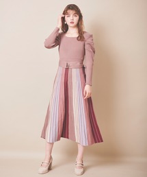 配色プリーツニットワンピース