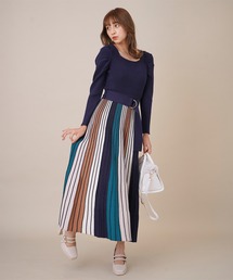 配色プリーツニットワンピース