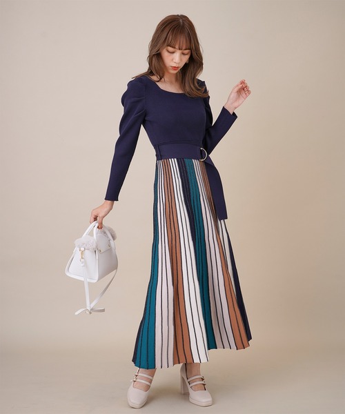 31 Sons de mode(トランテアン ソン ドゥ モード)の「配色プリーツニットワンピース(ワンピース・レディース・ネイビー/ラベンダー/ブラウン系その他・36)」の9枚目の写真