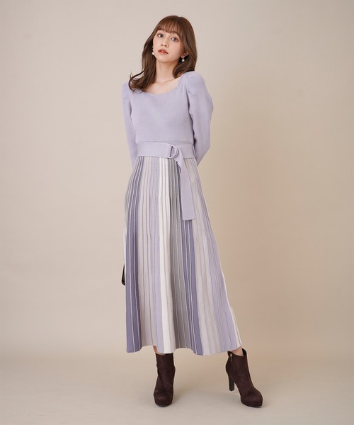 トランテアンソンドゥモード 配色プリーツニットワンピース ネイビー 31 Sons de mode（トランテアン ソン ドゥ モード）の「配色プリーツ