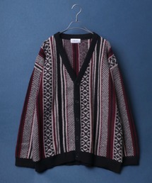 Total Pattern Drop Shoulder Shaggy Knit Cardigan/総柄 ドロップショルダー シャギーニット カーディガン
