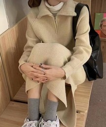 ハーフジップリブニットワンピース