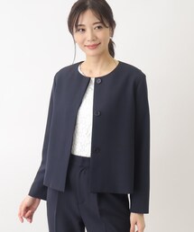 ◆【洗える】防シワ対応のダブルクロスノーカラーショートジャケット