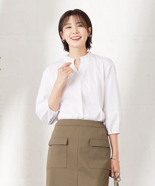 美品◇ジェイプレス 1.7万 コンビジャージーフリルネック カットソー T15 セール】コンビジャージー フリルネック カットソー（Tシャツ