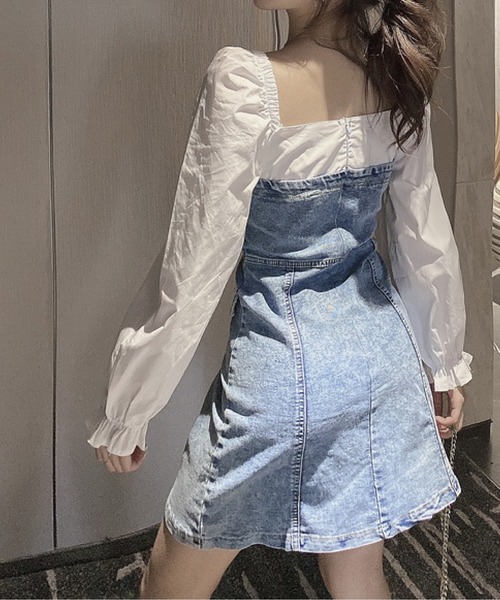 meJane(ミージェーン)の「スクエアネックボリュームスリーブドッキングデニムミニワンピース(ワンピース・レディース・ブルー・M/L)」の5枚目の写真