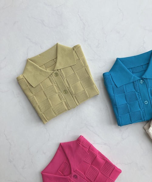 AS KNOW AS plus（アズノゥアズプラス）の「○襟付き 透かし柄 半袖ニットポロカーディガン（カーディガン/ボレロ・レディース・ピンク/ブルー/アイボリー/ライトグリーン・FREE）」の3枚目の写真