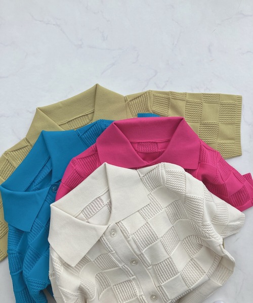 AS KNOW AS plus（アズノゥアズプラス）の「○襟付き 透かし柄 半袖ニットポロカーディガン（カーディガン/ボレロ・レディース・ピンク/ブルー/アイボリー/ライトグリーン・FREE）」の2枚目の写真