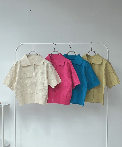 AS KNOW AS plus（アズノゥアズプラス）の「○襟付き 透かし柄 半袖ニットポロカーディガン（カーディガン/ボレロ・レディース・ピンク/ブルー/アイボリー/ライトグリーン・FREE）」の10枚目の写真