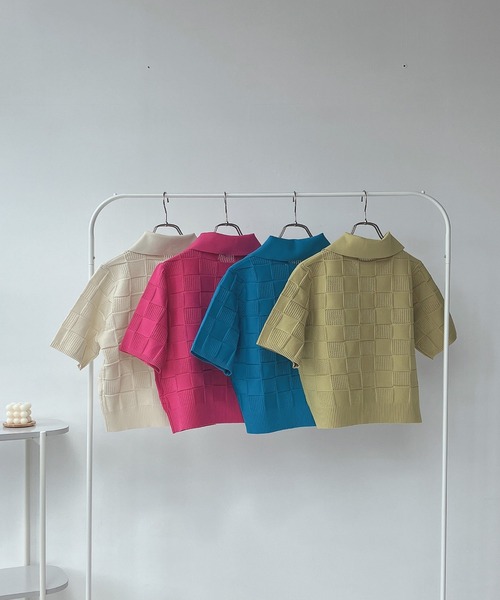 AS KNOW AS plus（アズノゥアズプラス）の「○襟付き 透かし柄 半袖ニットポロカーディガン（カーディガン/ボレロ・レディース・ピンク/ブルー/アイボリー/ライトグリーン・FREE）」の12枚目の写真