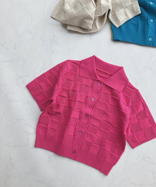 AS KNOW AS plus（アズノゥアズプラス）の「○襟付き 透かし柄 半袖ニットポロカーディガン（カーディガン/ボレロ・レディース・ピンク/ブルー/アイボリー/ライトグリーン・FREE）」の6枚目の写真