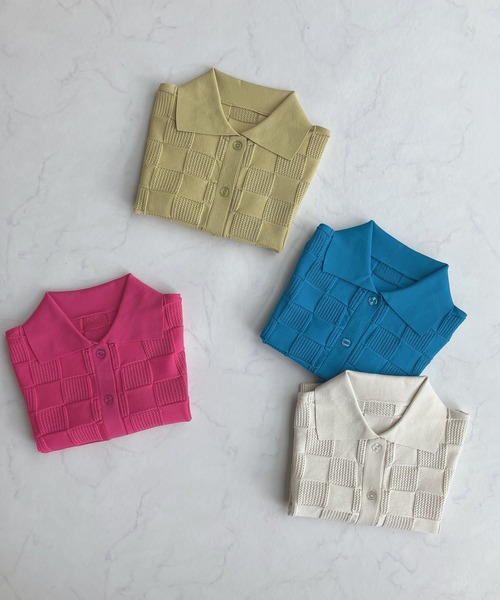 AS KNOW AS plus（アズノゥアズプラス）の「○襟付き 透かし柄 半袖ニットポロカーディガン（カーディガン/ボレロ・レディース・ピンク/ブルー/アイボリー/ライトグリーン・FREE）」の8枚目の写真