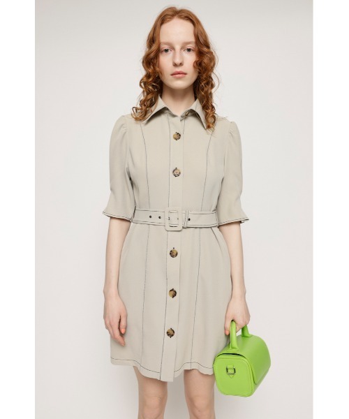 ベージュ パフスリーブ ミニワンピース SLY（スライ）の「TUCK SLEEVE FRONT BUTTON OP タックスリーブ