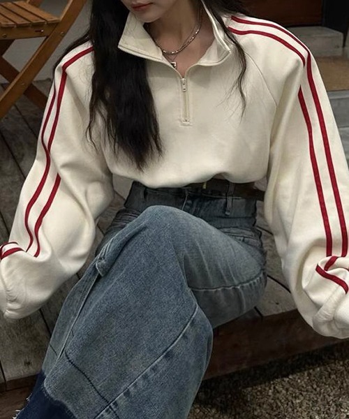 c.u.l（シーユーエル）の「ドローコード ライン入りハーフジップトップス culw589（スウェット・レディース・グレー/アイボリー/ブラック・XL/L/M）」の2枚目の写真