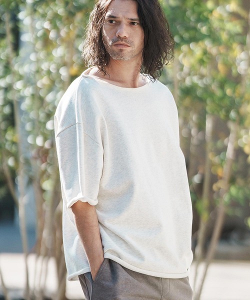 CAMBIO（カンビオ）の「msw1416-ボートネックルーズシルエットハーフスリーブスウェット（Tシャツ/カットソー・メンズ・グレー/オートミール/ブルーグリーン/ブラック・L/M/S）」の6枚目の写真