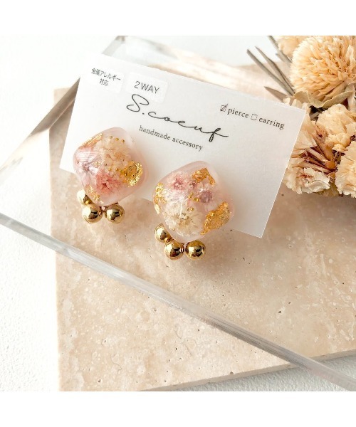 tone(トーン)の「【S.coeuf】【S.coeuf】金属アレルギー対応ピアス お花のスクエア×ゴールドボール(MA)(ピアス(両耳用)・レディース・グレー/ピンク・FREE)」の5枚目の写真