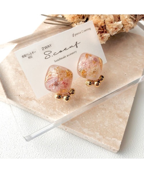 tone(トーン)の「【S.coeuf】【S.coeuf】金属アレルギー対応ピアス お花のスクエア×ゴールドボール(MA)(ピアス(両耳用)・レディース・グレー/ピンク・FREE)」の6枚目の写真