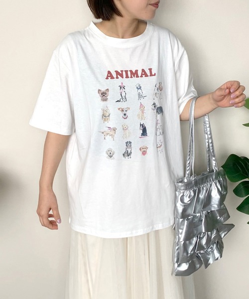 CRB（シーアールビー）の「アニマルプリント半袖ビッグTシャツ（Tシャツ/カットソー・レディース・オフホワイト/オートミール/チャコール・F）」の4枚目の写真