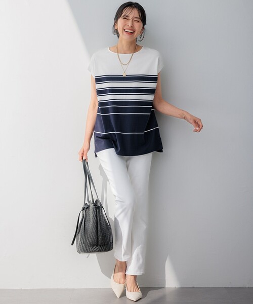 23区 L(ニジュウサンクオオキイサイズ)の「【洗える】ランダムボーダー フレンチスリーブ カットソー(Tシャツ/カットソー・レディース・ベージュ系1/ダークブラウン系1/ネイビー系1・44/46)」の8枚目の写真