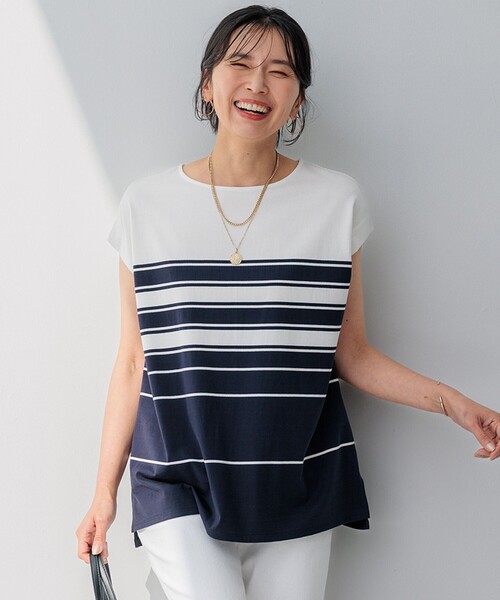 23区 L(ニジュウサンクオオキイサイズ)の「【洗える】ランダムボーダー フレンチスリーブ カットソー(Tシャツ/カットソー・レディース・ベージュ系1/ダークブラウン系1/ネイビー系1・44/46)」の16枚目の写真