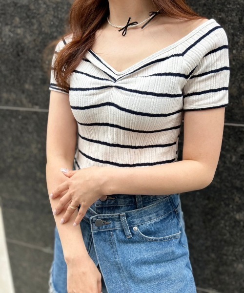 ipugo(イプゴ)の「ipugo/イプゴ ボーダーリブクロップド Tシャツ 秋物 秋服 2026年秋冬(Tシャツ/カットソー・レディース・アイボリー/ネイビー・FREE)」の5枚目の写真