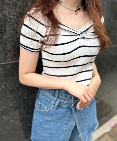 ipugo(イプゴ)の「ipugo/イプゴ ボーダーリブクロップド Tシャツ 秋物 秋服 2026年秋冬(Tシャツ/カットソー・レディース・アイボリー/ネイビー・FREE)」の6枚目の写真