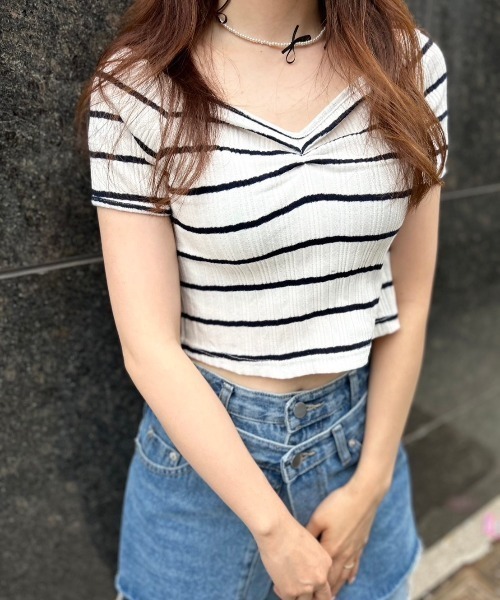 ipugo(イプゴ)の「ipugo/イプゴ ボーダーリブクロップド Tシャツ 秋物 秋服 2026年秋冬(Tシャツ/カットソー・レディース・アイボリー/ネイビー・FREE)」の22枚目の写真