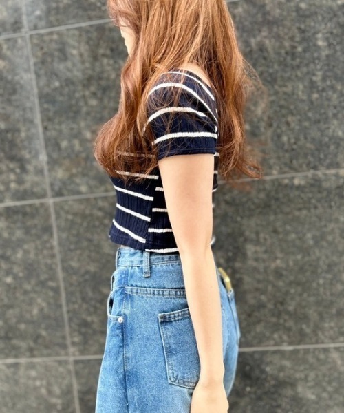 ipugo(イプゴ)の「ipugo/イプゴ ボーダーリブクロップド Tシャツ 秋物 秋服 2026年秋冬(Tシャツ/カットソー・レディース・アイボリー/ネイビー・FREE)」の8枚目の写真