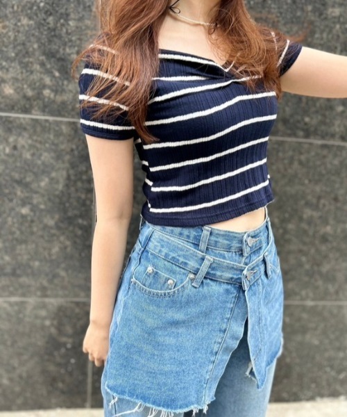 ipugo(イプゴ)の「ipugo/イプゴ ボーダーリブクロップド Tシャツ 秋物 秋服 2026年秋冬(Tシャツ/カットソー・レディース・アイボリー/ネイビー・FREE)」の12枚目の写真