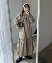 check nocollar mermaid shirt op / チェックノーカラーマーメイドシャツワンピ