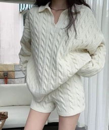 セットアップ ケーブルvネックニット+ショート丈ニットパンツ