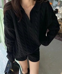 セットアップ ケーブルvネックニット+ショート丈ニットパンツ