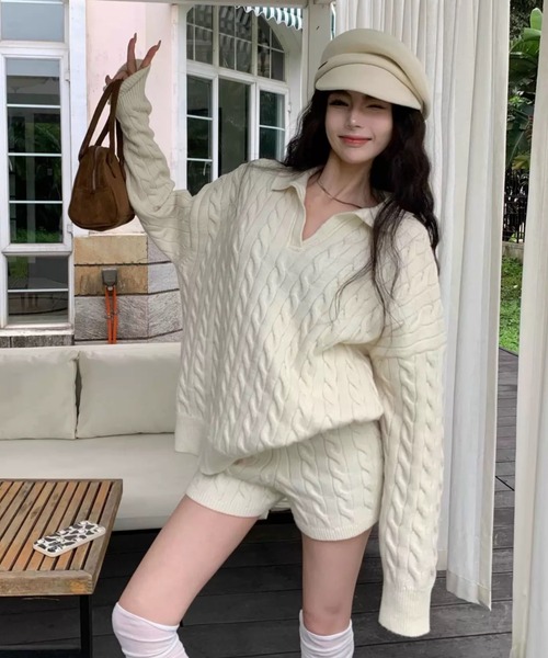 セール】セットアップ ケーブルvネックニット+ショート丈ニットパンツ