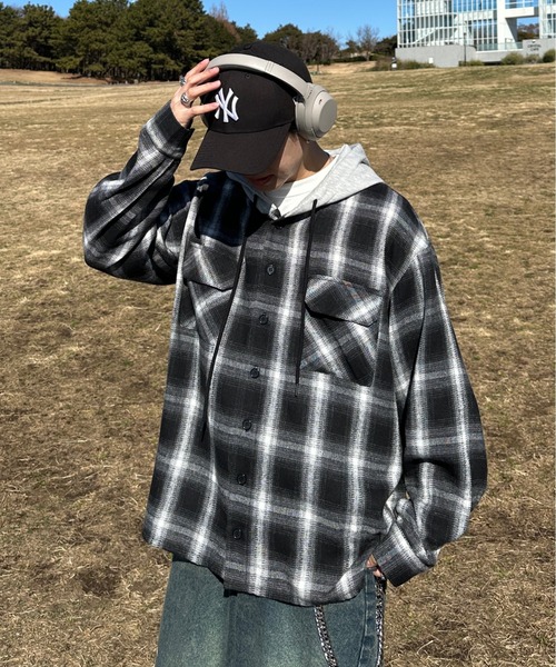ADAMASTE（アダマスト）の「check shirt hoodie - チェックシャツフーディ（シャツ/ブラウス・メンズ・レッド/ブラック・MEDIUM/LARGE）」の2枚目の写真