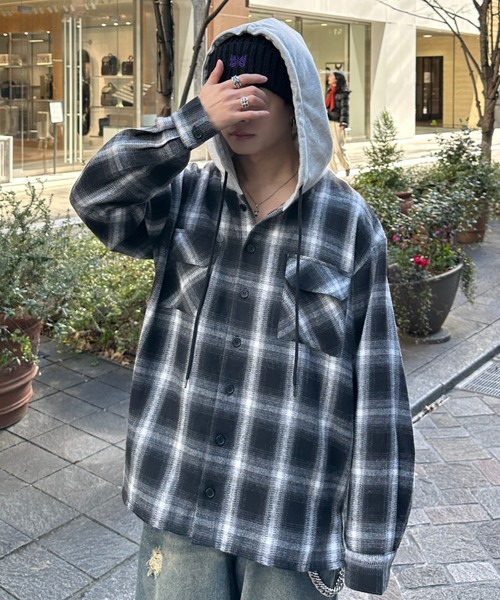 check shirt hoodie - チェックシャツフーディ（シャツ/ブラウス