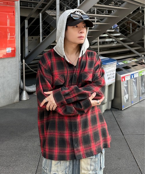 ADAMASTE（アダマスト）の「check shirt hoodie - チェックシャツフーディ（シャツ/ブラウス・メンズ・レッド/ブラック・MEDIUM/LARGE）」の14枚目の写真